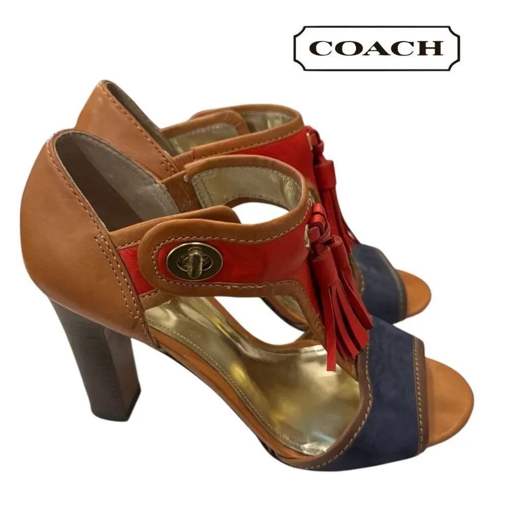 Coach Women's Tristen Tan Red Blue Heeled Tassel Heeled Leather Sandals 7